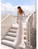 Long Sleeves Beaded Ivory Lace Tulle V Back Sexy Wedding Dress